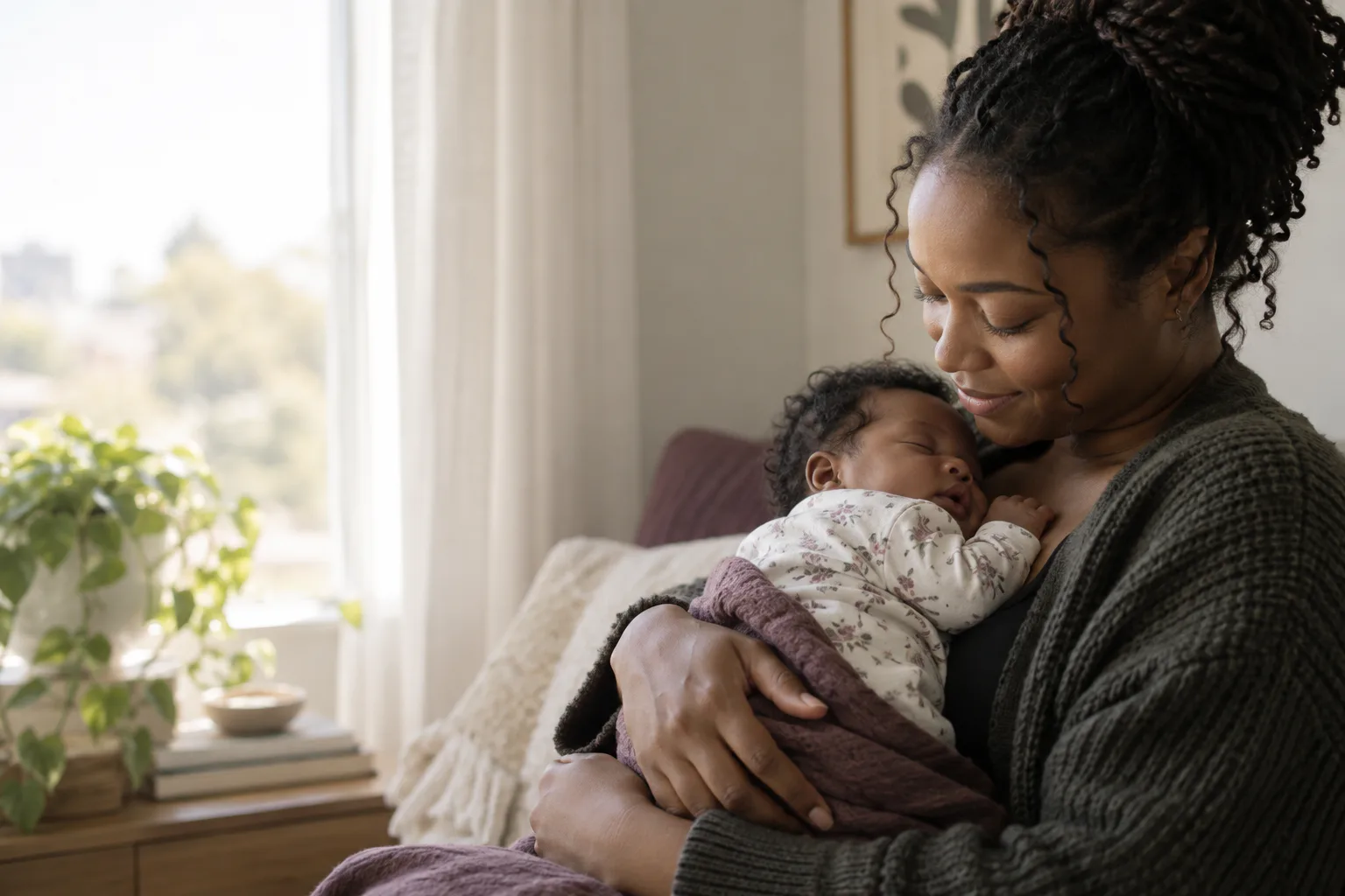 A mother holding her sleeping baby near a window