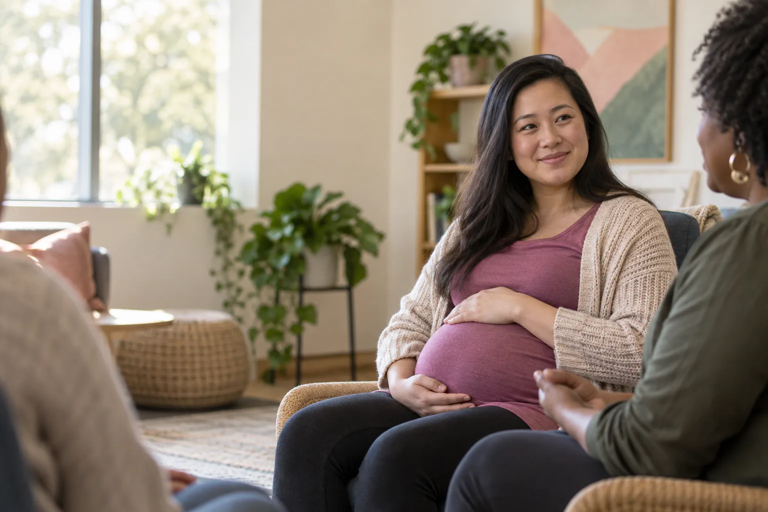 A pregnant parent participating in a supportive community conversation