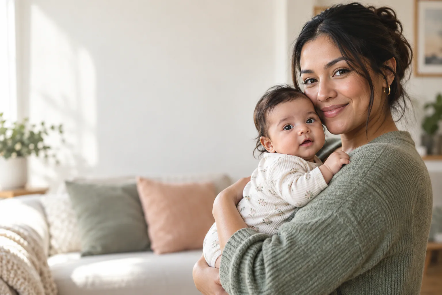 A mother holding her alert baby in a bright home